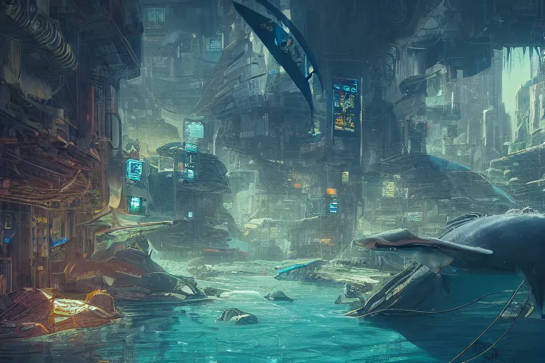 Prompt: a scenic view of an abandoned cyberpunk city under water, ray of sunlight, whale fall, fish flocks, Greg Rutkowski, Moebius, Mohrbacher, Mucha, blue and gold color scheme, ultra wide angle, light effect