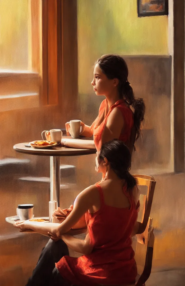 Image similar to a portrait of a beautiful girl sitting in a cafe, cuban setting, warm colors, soft lighting, atmospheric, cinematic, moody, in the style of diego koi, gina heyer, luiz escanuela, art by alyssa monk, hyperrealism, rule of thirds, oil on canvas, 8 k