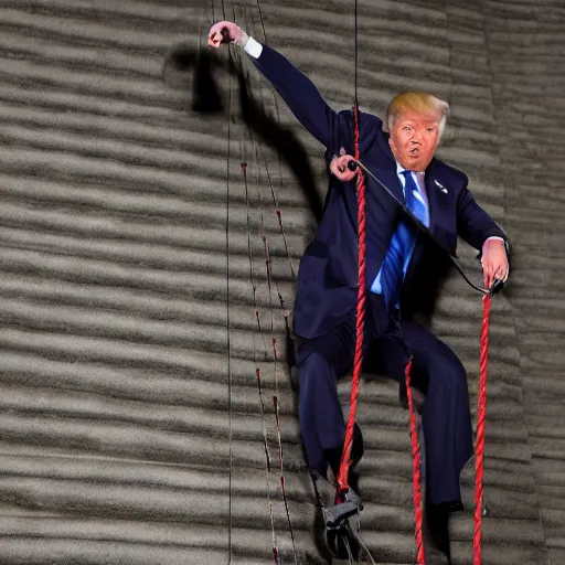 Image similar to Donald Trump struggling to climb a staircase, with climbing gear and ropes on, screaming, angry, 4k, high quality photograph