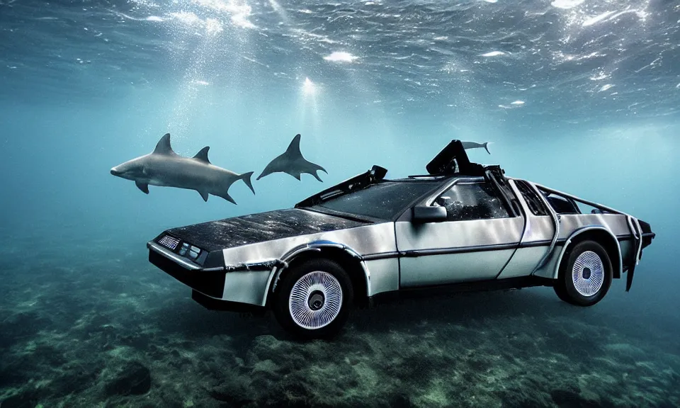 Image similar to photo of a delorean swimming underwater with sharks