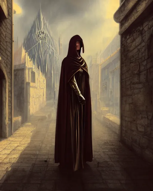 Prompt: cloaked woman, portrait, dirty alley, fantasy city, made of white stone and bright gold, built on the side of a volcano, gondor, misty, red gold color palette, medieval city, metropolis, gorgeous clouds, god rays, fantasy art, octane render, ureal engine, high detail, alphonse mucha, greg rutkowski, james gurney, johannes voss