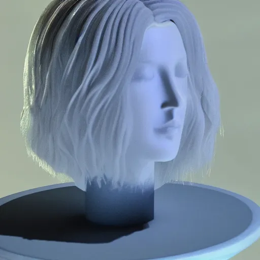 Prompt: refracting translucent ice sculpture of hair! resting on a beautiful!! marble female wig stand, cinema 4 d sharp focus