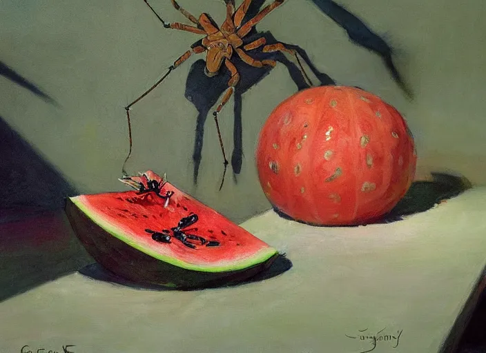 Image similar to a highly detailed beautiful portrait of a spider paying for a watermelon, by gregory manchess, james gurney, james jean