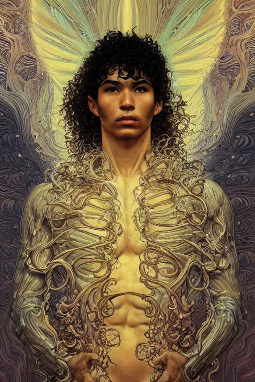 Image similar to a young mexican man with curly hair, by artgerm and yoshitaka amano and moebius and hr giger and zdislaw beksinski and alphonse mucha, hyperdetailed, symmetry, glamour, surreal, dc comics, ornate, stunning, nebula, explosions in the sky, trending on artstation