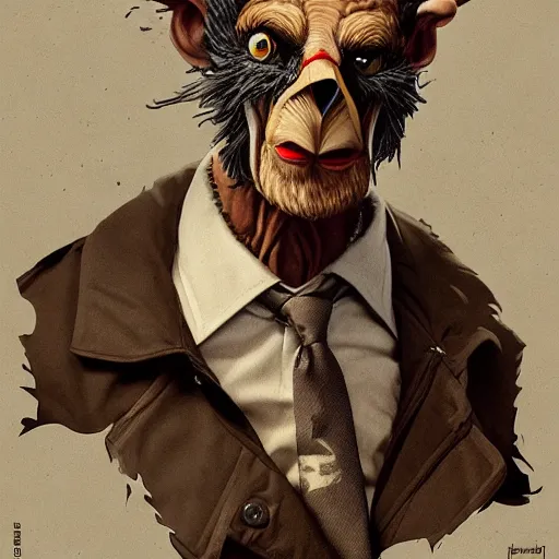 Image similar to ripped physique Man Beak portrat Sherlock Samuel Beckett Beak Detective Anthropomorphic furry fashion vogue Vulture man wearing a Buzzard costume wearing a hobo costume gerald brom bastien grivet greg rutkowski norman rockwell portrait face head beak eyes