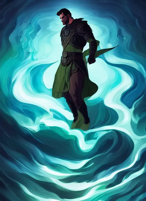 Image similar to style artgerm, joshua middleton, henry cavill as a warrior monk wearing green pelt light armor, blue hair, swirling water cosmos, fantasy, dnd, cinematic lighting