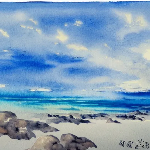 Image similar to the soaring sky with clouds above a beach below, watercolor, by japanese masters, 4 k, beautiful, strong colors, surreal, trending on artstation,