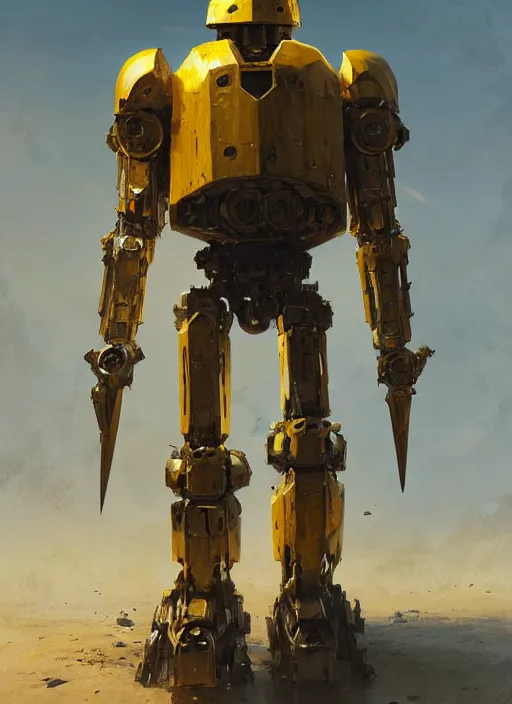 Prompt: human-sized strong intricate humanoid yellow pit droid carrying very detailed perfect antique great sword and beautiful large paladin shield, pancake short large head, exposed metal bones, painterly mecha, by Greg Rutkowski