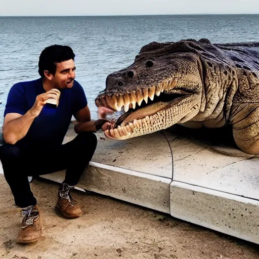 Image similar to photo of a man talking to a huge crocodile while having coffee, award - winning photograph, national geographic, high definition, trending on facebook, 8 k