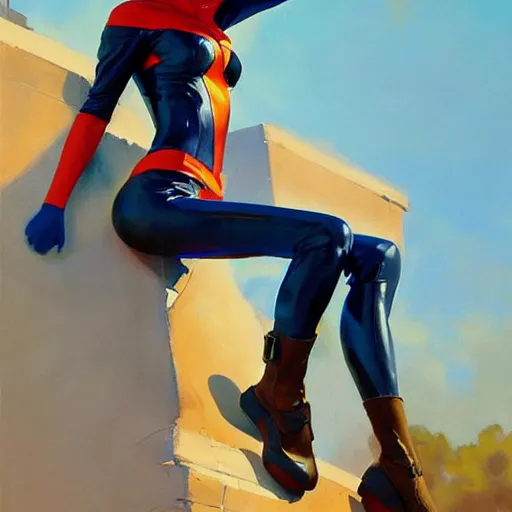 Image similar to greg manchess painting of tracer wearing a latex suit, medium shot, organic painting, sunny day, matte painting, bold shapes, hard edges, street art, trending on artstation, by huang guangjian and gil elvgren and sachin teng