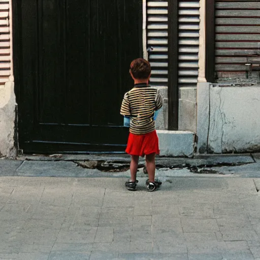 Prompt: portra 800 street photography a child standing in a street