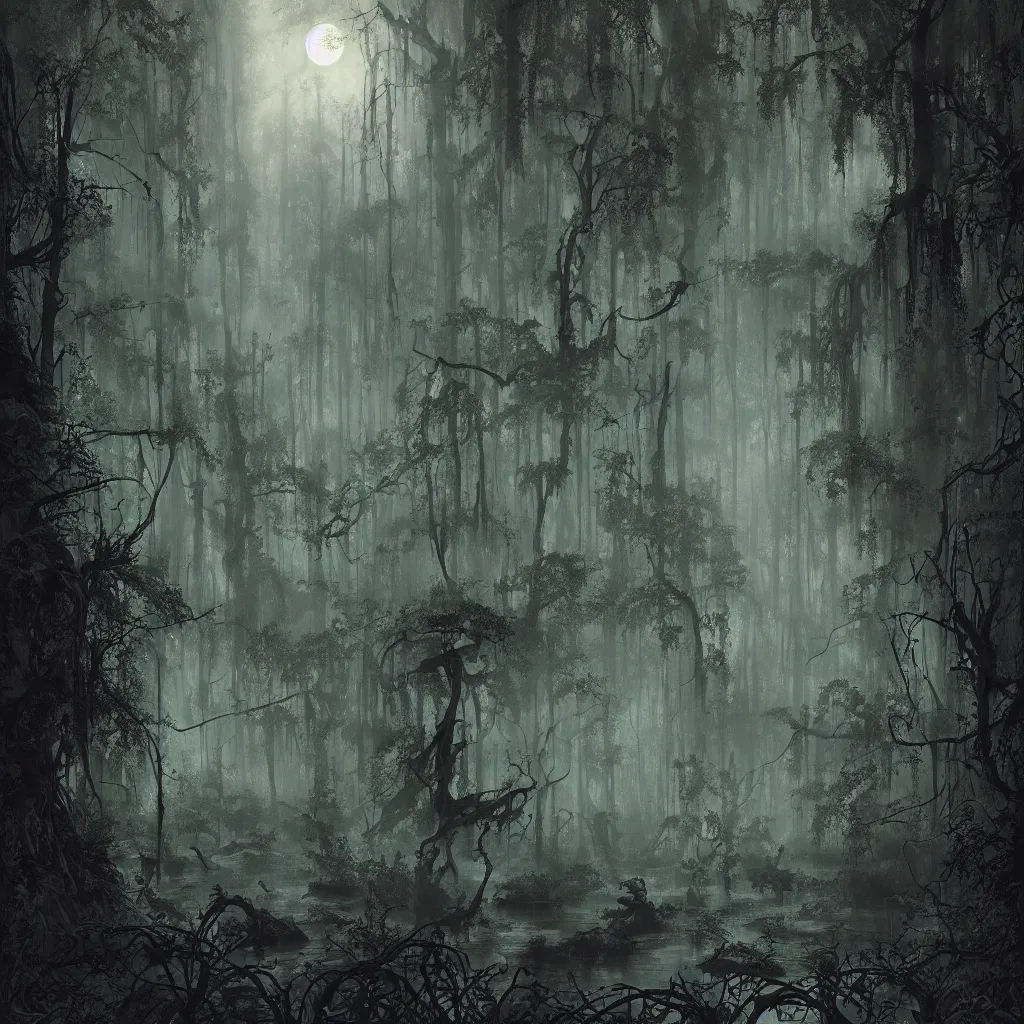 Image similar to a dark lush enchanted swamp forest at dusk, upward cinematic angle, evil atmosphere, by Michael Kaluta, P. Craig Russell and Andreas Rocha, eerie moonlight, beautiful composition, intricate, elegant, digital art, detailed, mixed media painting, hyperrealistic, sharp focus, 8k