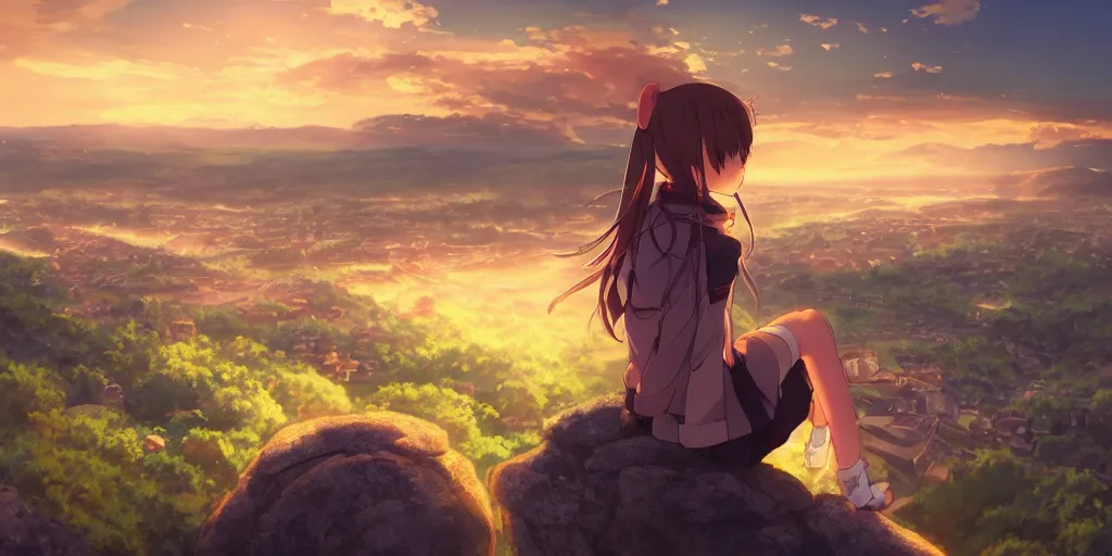 Image similar to isekai masterpiece anime girl sitting on a rock off to the side looking down upon swedish town, during dawn, cinematic, very warm colors, intense shadows, anime illustration, anime screenshot composite background