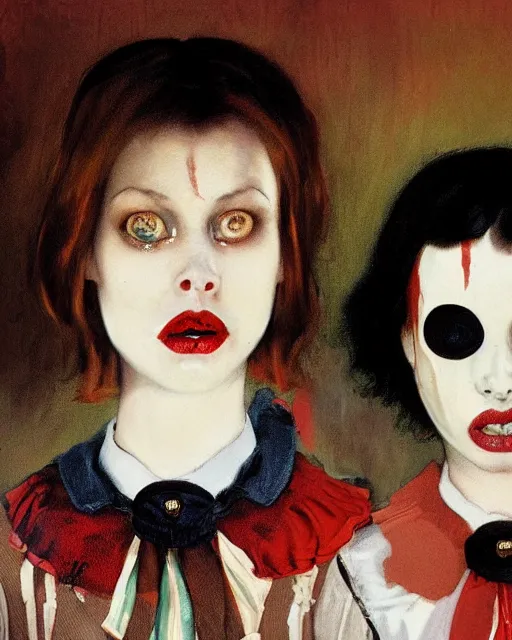 Prompt: two beautiful but creepy siblings wearing vivienne westwood collars in layers of fear, with haunted eyes and dark hair, 1 9 7 0 s, seventies, wallpaper, a little blood, morning light showing injuries, delicate embellishments, painterly, offset printing technique, by brom, robert henri, walter popp