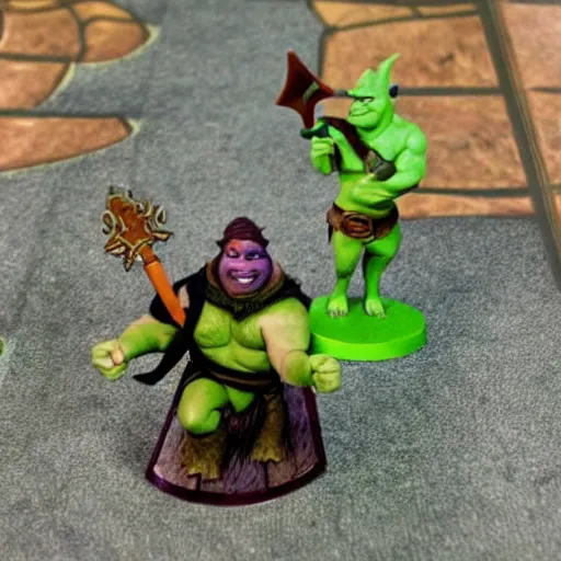 Prompt: a dungeons and dragons miniature of shrek wielding an axe, onlooking players are horrified