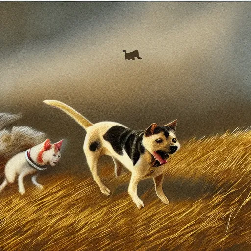 Image similar to Dog chasing a cat in a field, highly detailed