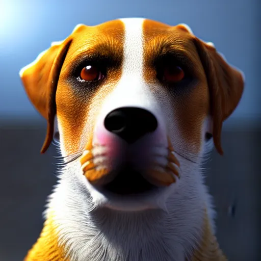 Prompt: perfect mix between a dog and a bee. hyper realistic highly detailed photography. concept art, unreal engine 5, trending on artstation.