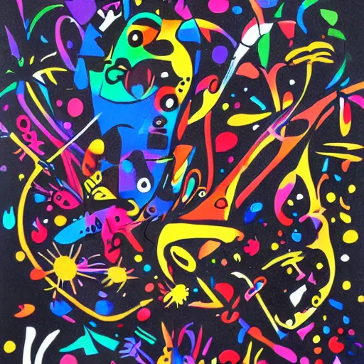 Image similar to masterpiece, black background, psychedelic therapy, artwork by joan miro, trending on ArtStation, ink splatters, pen lines, incredible detail, creative, positive energy, happy, unique, negative space, face, artgerm