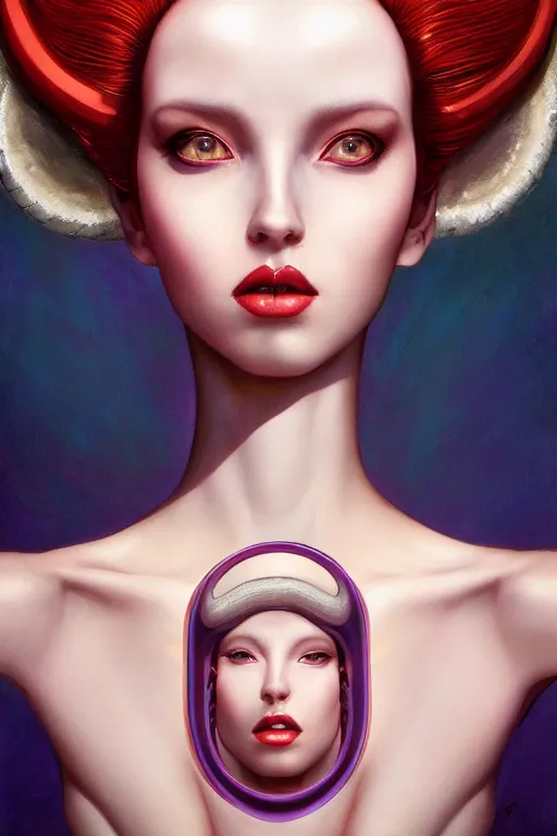 Image similar to portrait of an elegant alien queen with snake hair, straight on portrait, by artgerm, tom bagshaw, gerald brom, vaporwave colors, lo fi colors, vaporwave, lo fi, 2 point studio lighting, dramatic lighting, 4 k, hd,