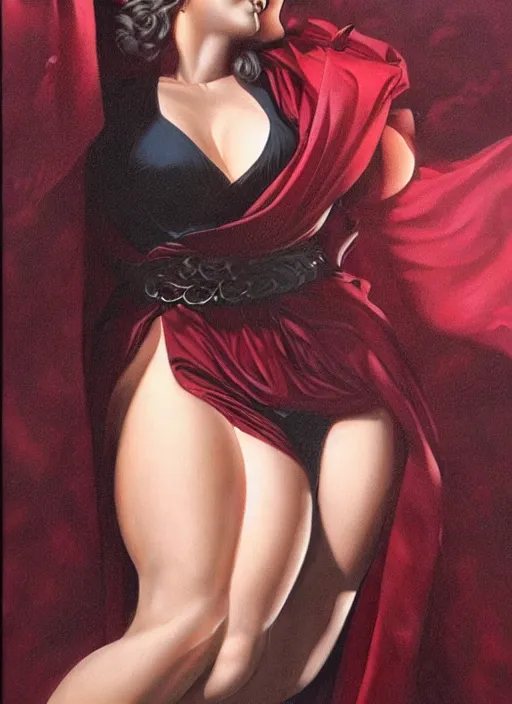 Image similar to portrait of plump norse goddess of the moon, maroon and black robe, iron crown strong line, deep color, beautiful! coherent! by boris vallejo