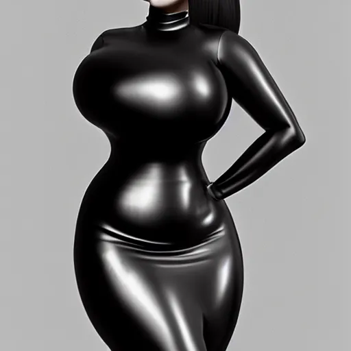 Image similar to a curvy pale goth woman wearing an elegant tight shiny latex high-neck dress, cgsociety, photorealistic, sublime-cool-hot-hyperadvanced, 16k, smooth, sharp focus, trending on ArtStation, volumetric lighting, fully clothed, thin waist