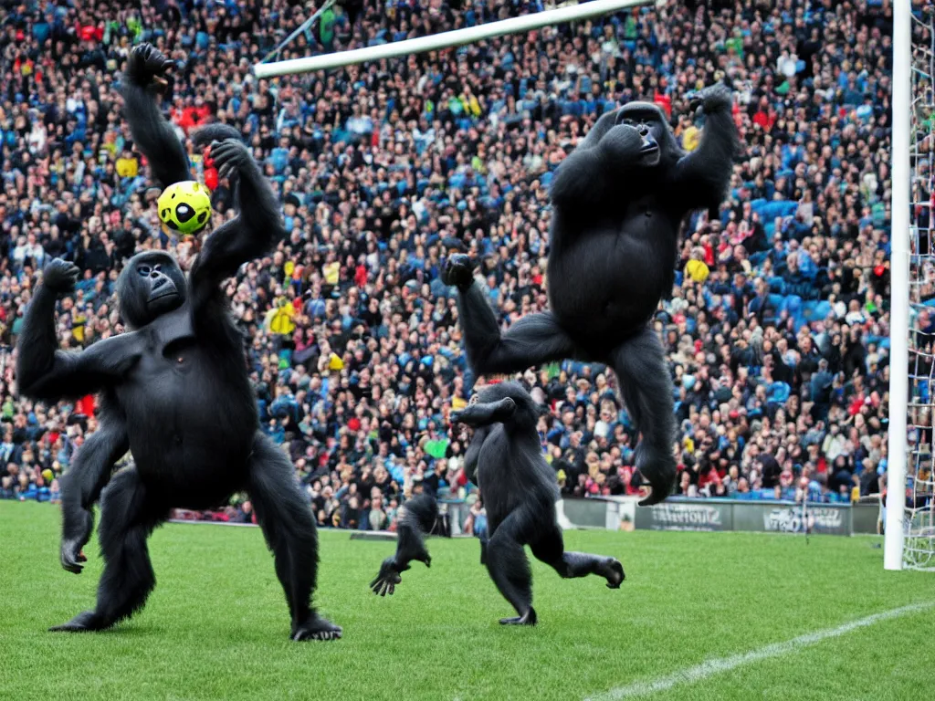 Image similar to a gorilla jumping to head the ball on a corner kick, vivid