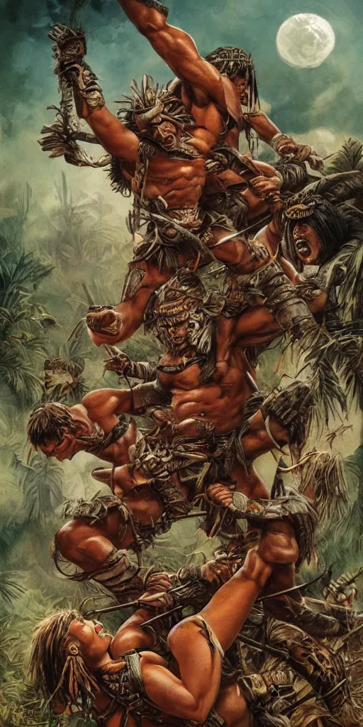 Prompt: editorial battle in jungle, brutal tower full of aztec and Amazonian fighting, epic, vintage, blood, slight inspiration of Boris vallejo and apocalypto, war photography