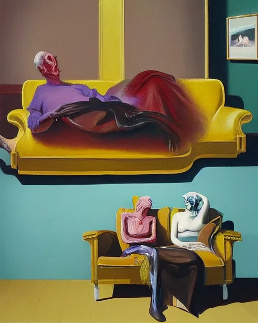 Prompt: old dead couple sitting on a couch and a dark figure crying in the corner with clouds at red and yellow art deco interior room in the style of Francis Bacon and Syd Mead, open ceiling, highly detailed, painted by Francis Bacon and Edward Hopper and Beksiński, painted by James Gilleard, surrealism, airbrush, very coherent, triadic color scheme, art by Takato Yamamoto and James Jean