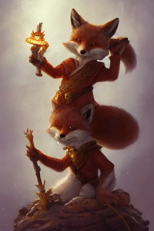 Image similar to cute little anthropomorphic fox, wielding a magic staff, tiny, small, short, Wizard robe, cute and adorable, pretty, beautiful, DnD character art portrait, matte fantasy painting, DeviantArt Artstation, by Jason Felix by Steve Argyle by Tyler Jacobson by Peter Mohrbacher, cinema