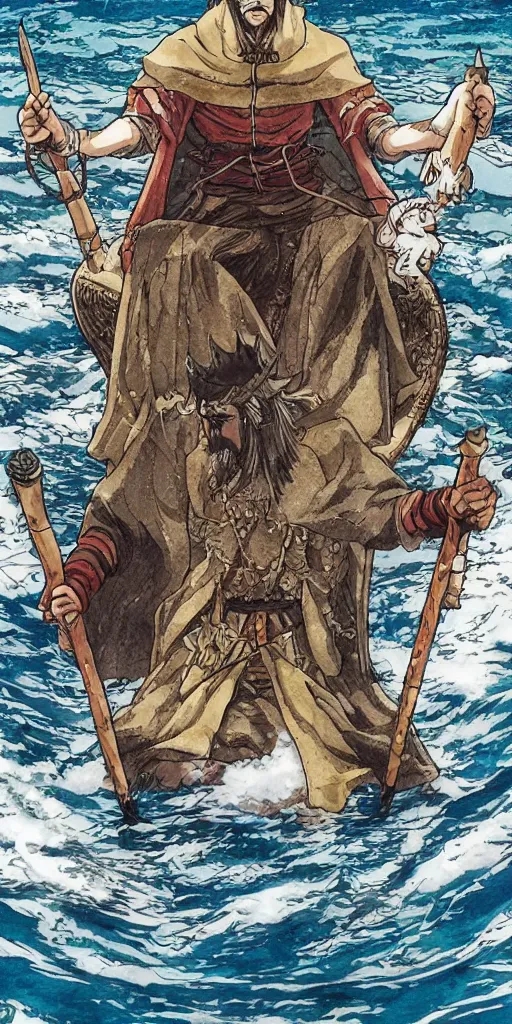 Image similar to a single lone king sitting on a throne floating on water in the middle of a lake drawn by Makoto Yukimura in the style of Vinland saga anime, full color, detailed, wide angle