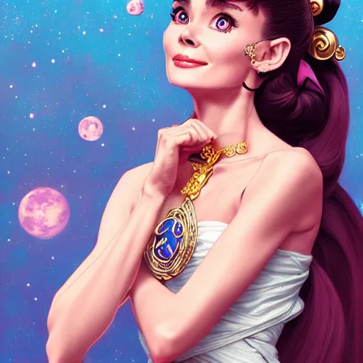 Image similar to Audrey Hepburn as Sailor Moon, western, D&D, fantasy, intricate, elegant, highly detailed, digital painting, artstation, concept art, matte, sharp focus, illustration, art by Artgerm and Greg Rutkowski and Alphonse Mucha