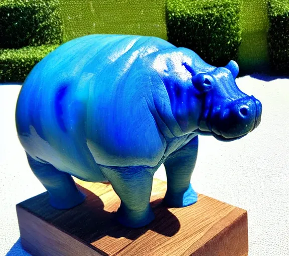 Image similar to a sculpture of hippo baby, bottom half wood!!!!! carved, top half blue translucid resin epoxy, cubic blocks, side view centered, studio