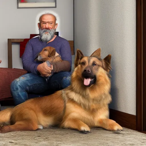 Image similar to a picture of an old man with 2 giant dogs next to him living in a small apartment, German shepard and a golden retriever, midwestern redneck life, sharp edges, realistic image, 8k UHD, arnold render, realism, dramatic, HD, high details