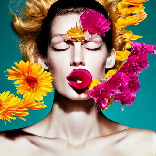 Prompt: a studio close - up portrait of a a fashion model smelling a plastic flower. surreal photograph, lo - fi, polished look, silly and serious, hermes ad, vogue magazine, fashion photography, toiletpaper magazine by pierpaolo ferrari and maurizio cattelan, 3 5 mm photograph, colourful, by pierpaolo ferrari, maurizio cattelan, david lachapelle