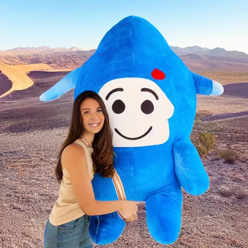 Image similar to blue'snappy gifts'logo human - sized plush doll, looking at the camera, in the desert, holding gift, happy atmosphere, high detail, 8 k