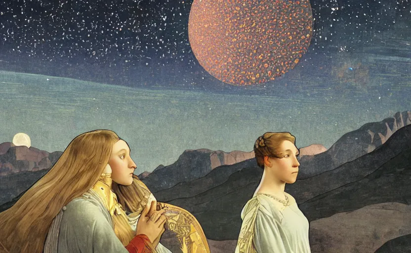 Prompt: mountains, stars and paisley filled sky, artstation, intricate, highly detailed, digital painting, concept art, sharp focus, illustration by Piero della Francesca and Alphonse Mucha