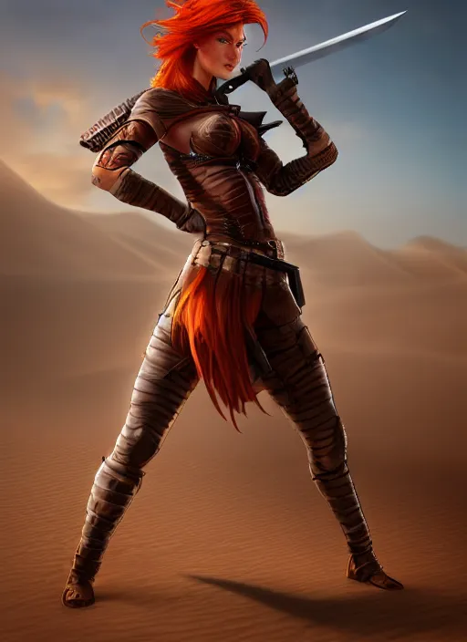 Image similar to Redhead female fighter with katana in desert, fantasy, medieval, vivid colors, fantasy, elegant, concept art, sharp focus, beautiful face, digital art, Hyper-realistic, 4K, Unreal Engine, Highly Detailed, HD, Dramatic Lighting by Brom, trending on Artstation