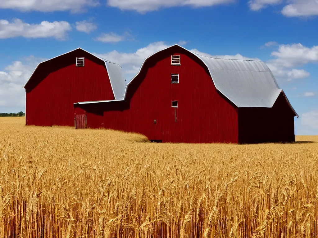 Prompt: A single isolated old red barn next to a wheat crop at noon. Blue sky, award winning photography, wide shot, surreal, dreamlike.