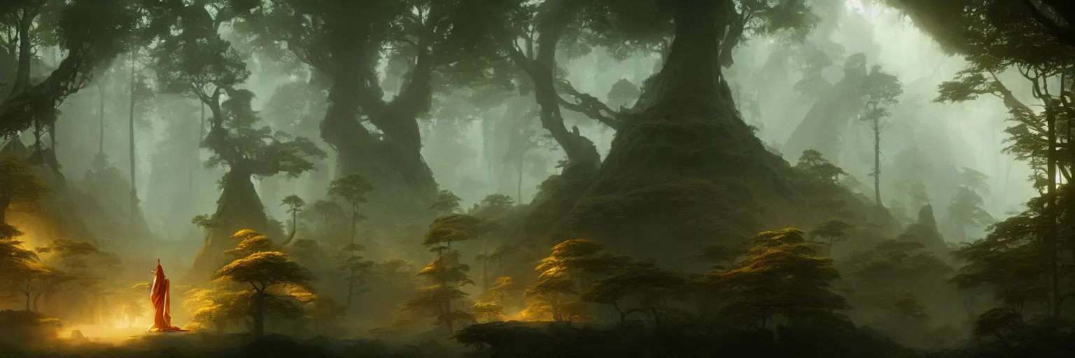 Image similar to Mysterious beautiful Buddhist forest, matte painting by Peter Mohrbacher and Craig Mullins, featured in artstation, octane render, cinematic, elegant, intricate, 8k