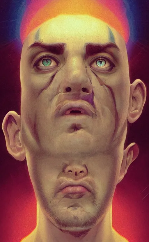 Image similar to upper half portrait of a man with spiral eyes droolingn inside of a distorted tv reality - in drew struzan movie poster style, art by drew struzan & hsiao - ron cheng, highly detailed, digital painting, ray tracing, illustration, smooth, sharp focus, intricate, symmetry, artstation,