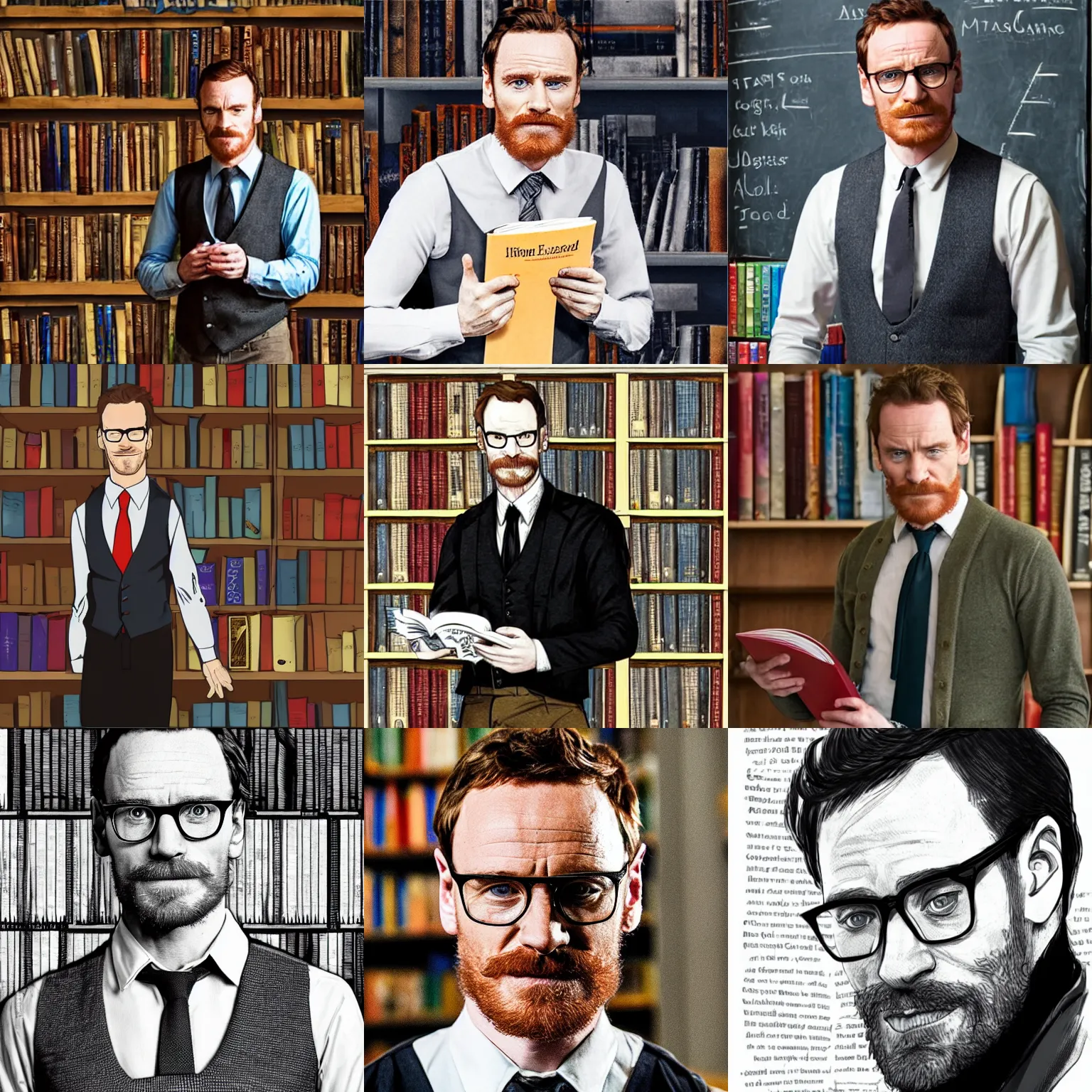 Prompt: Michael Fassbender as a college professor with a goatee, wearing a vest and a tie, standing in front of a bookshelf in his classroom, wearing reading glasses, digital illustration, concept art, Dungeons & Dragons, Portrait style, medieval