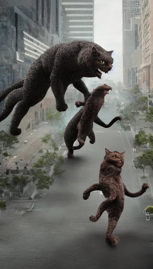 Image similar to people running away from the catzilla. trending on artstation. realistic cinematography, photorealistic, photography, wide shot