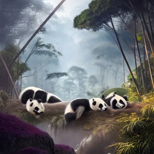Prompt: world of pandas, bamboos, magical world, by greg rutkowski, sung choi, photo realistic, 8 k, cinematic lighting, hd, atmospheric, hyperdetailed, trending on artstation, devainart, digital painting, glow effect