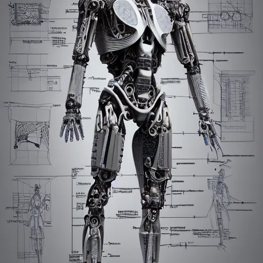 Image similar to detailed and intricate design of a full body of cyborg anatomy, 3 d design, great finesse organic hyper detailed, engineering blueprints, technical drawings, calculus, stained paper, hyperrealistic, ultra detailed, 4 k, octane render, unreal engine