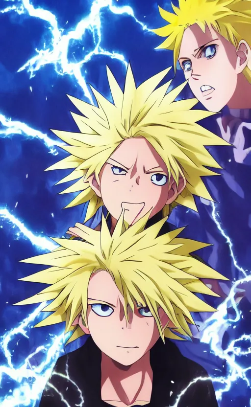 Image similar to Anime key visual of a young boy with spikey yellow hair and lightning powers, Illustrated by Kohei Horikoshi, high quality face, detailed eyes, big eyes, official media, 8k, anime, detailed, HD