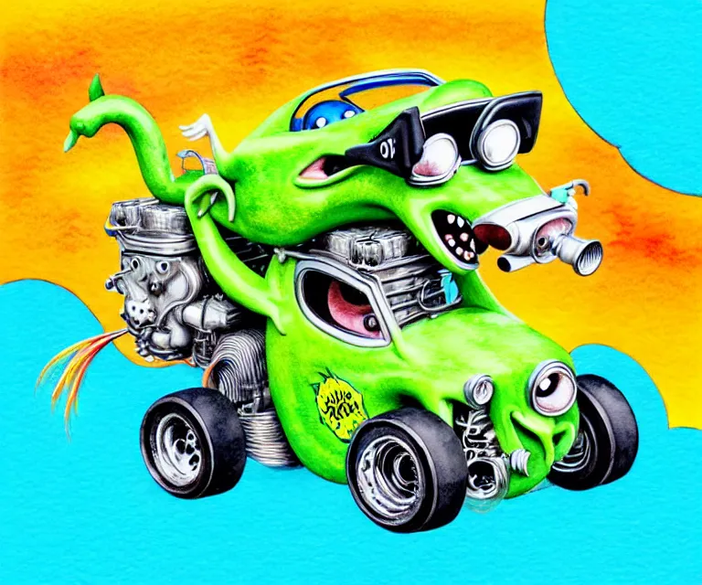 Image similar to cute and funny, horse wearing goggles driving a tiny hot rod with an oversized engine, ratfink style by ed roth, centered award winning watercolor pen illustration, isometric illustration by chihiro iwasaki, edited by craola, tiny details by artgerm and watercolor girl, symmetrically isometrically centered