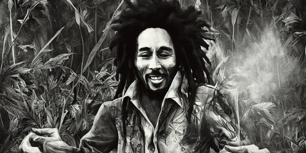 Image similar to bob marley walking though an infinite weed farm digital art, artstation, ultra detailed, beautiful aesthetic art