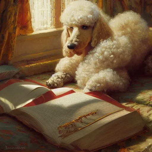 Prompt: a poodle reading a big book, highly detailed painting by gaston bussiere, craig mullins, j. c. leyendecker 8 k