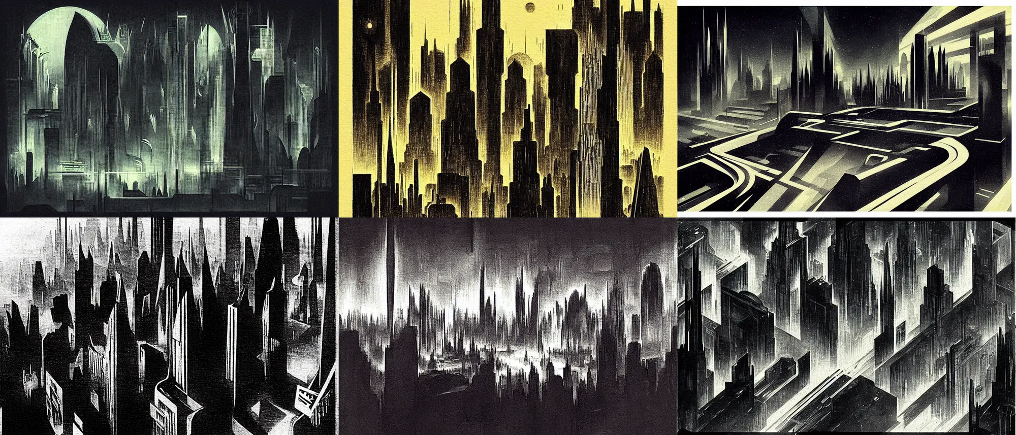 Prompt: “future noir art deco painting of a megacity on another planet by Hugh Ferriss”