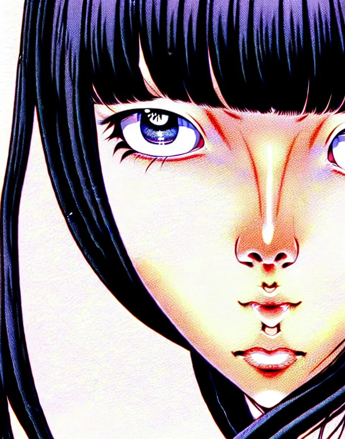 Image similar to extremely detailed color ink pen  illustration depicting an extreme close up face of a dainty young truant female stoner prep highschool school student with medium length silky straight iridescent black hair and lightly suntanned skin, illustrated by Artgerm and Range Murata.